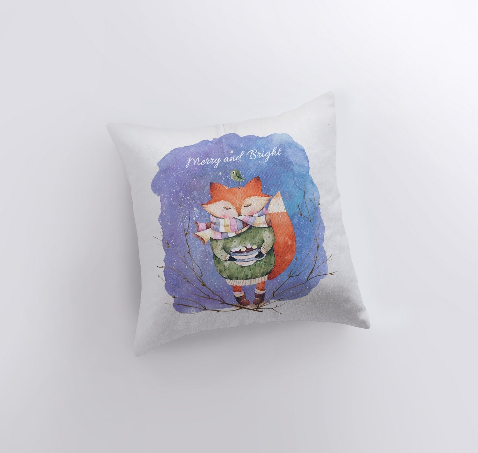 Merry and Bright | Blue Pillow Cover | Red Fox | Christmas Gift |